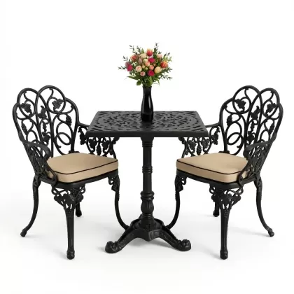 Yuvarlak 2 Kişilik alüminyum döküm masa, Ferfforje sandalye metal  balkon bahçe takımı siyah