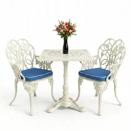 Yuvarlak 2 Kişilik alüminyum döküm masa, Ferfforje sandalye metal  balkon bahçe takımı beyaz