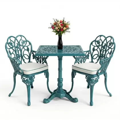 Yuvarlak 2 Kişilik alüminyum döküm masa, Ferfforje sandalye metal  balkon bahçe takımı turkuaz