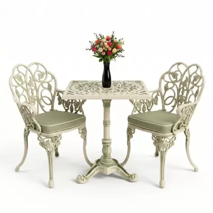 Yuvarlak 2 Kişilik alüminyum döküm masa, Ferfforje sandalye metal  balkon bahçe takımı yeşil patina