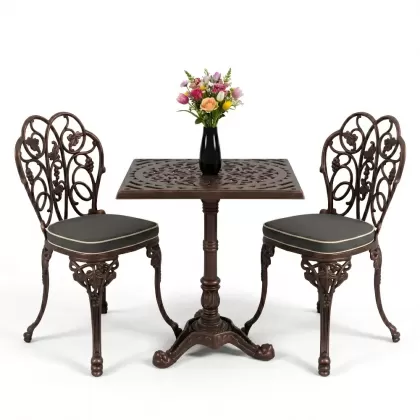 Kare 2 Kişilik alüminyum döküm masa, Ferfforje sandalye metal  balkon bahçe takımı bakır eskitme