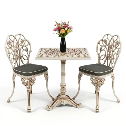 Kare 2 Kişilik alüminyum döküm masa, Ferfforje sandalye metal  balkon bahçe takımı beyaz eskitme