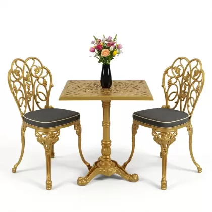 Kare 2 Kişilik alüminyum döküm masa, Ferfforje sandalye metal  balkon bahçe takımı gold altın