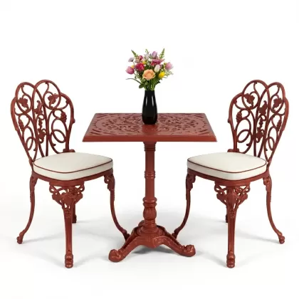 Kare 2 Kişilik alüminyum döküm masa, Ferfforje sandalye metal  balkon bahçe takımı kırmızı kiremit