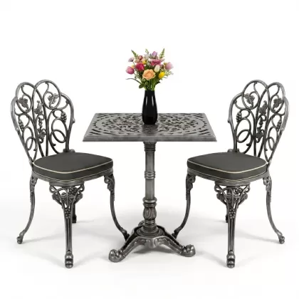 Kare 2 Kişilik alüminyum döküm masa, Ferfforje sandalye metal  balkon bahçe takımı gümüş silver