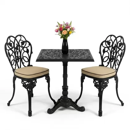 Kare 2 Kişilik alüminyum döküm masa, Ferfforje sandalye metal  balkon bahçe takımı siyah