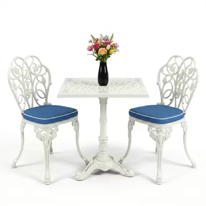 Kare 2 Kişilik alüminyum döküm masa, Ferfforje sandalye metal  balkon bahçe takımı beyaz