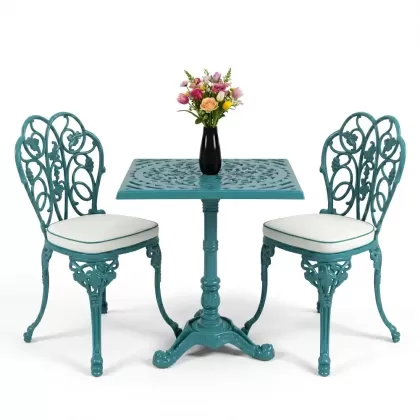Kare 2 Kişilik alüminyum döküm masa, Ferfforje sandalye metal  balkon bahçe takımı turkuaz