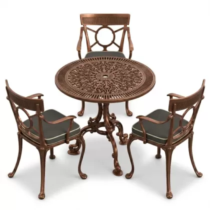 3 kişilik alüminyum döküm yuvarlak masa ve ferforje sandalye seti Bakır eskitme