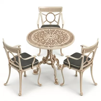 3 kişilik alüminyum döküm yuvarlak masa ve ferforje sandalye seti Beyaz eskitme