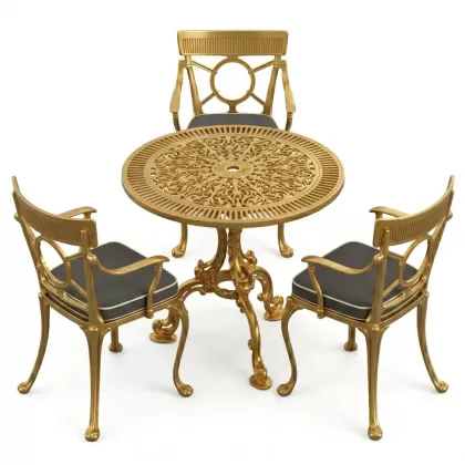 3 kişilik alüminyum döküm yuvarlak masa ve ferforje sandalye seti Gold Altın rengi