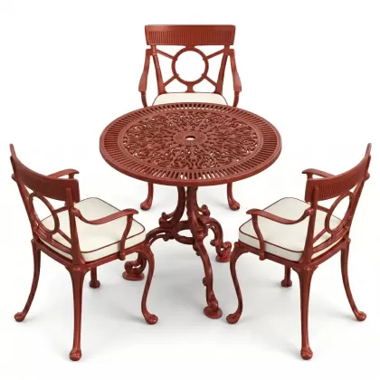 3 kişilik alüminyum döküm yuvarlak masa ve ferforje sandalye seti Kırmızı Kiremit rengi