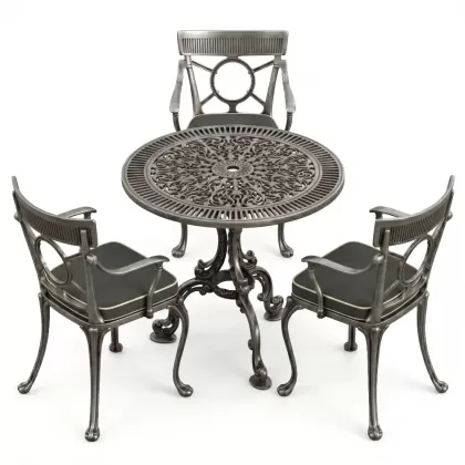 3 kişilik alüminyum döküm yuvarlak masa ve ferforje sandalye seti Silver Gümüş rengi