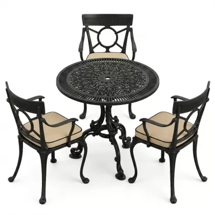 3 kişilik alüminyum döküm yuvarlak masa ve ferforje sandalye seti Siyah renk