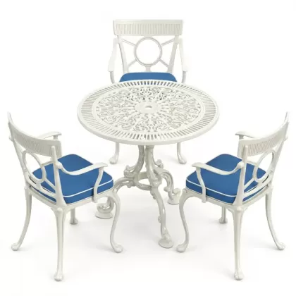 3 kişilik alüminyum döküm yuvarlak masa ve ferforje sandalye seti Beyaz renk