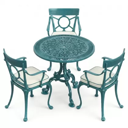 3 kişilik alüminyum döküm yuvarlak masa ve ferforje sandalye seti Turkuaz renk