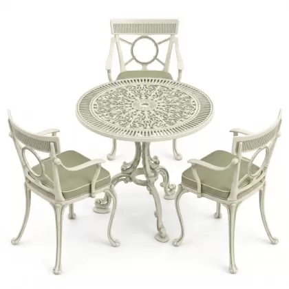 3 kişilik alüminyum döküm yuvarlak masa ve ferforje sandalye seti Yeşil patina renk