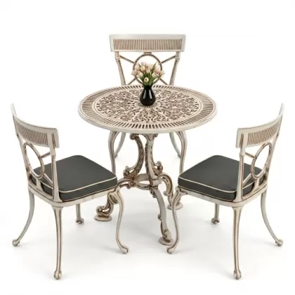 3 kişilik alüminyum döküm yuvarlak masa ve ferforje sandalye seti Beyaz eskitme