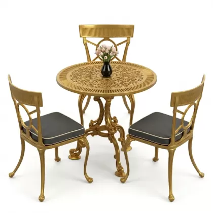 3 kişilik alüminyum döküm yuvarlak masa ve ferforje sandalye seti Gold Altın rengi