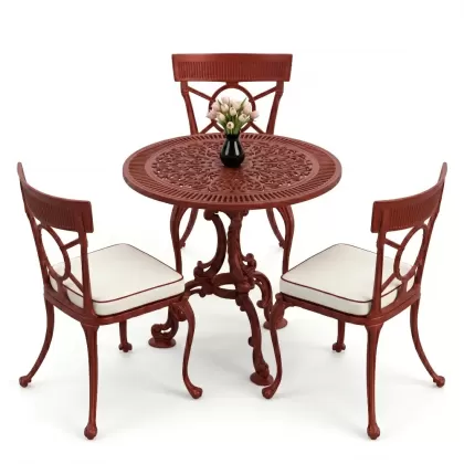 3 kişilik alüminyum döküm yuvarlak masa ve ferforje sandalye seti Kırmızı Kiremit rengi