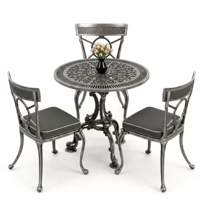 3 kişilik alüminyum döküm yuvarlak masa ve ferforje sandalye seti Silver Gümüş rengi