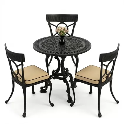 3 kişilik alüminyum döküm yuvarlak masa ve ferforje sandalye seti Siyah renk