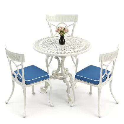3 kişilik alüminyum döküm yuvarlak masa ve ferforje sandalye seti Beyaz renk