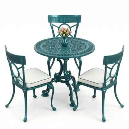 3 kişilik alüminyum döküm yuvarlak masa ve ferforje sandalye seti Turkuaz renk