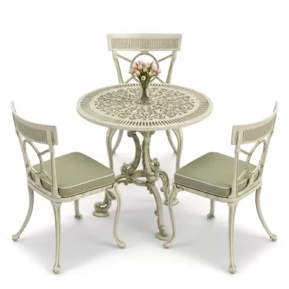 3 kişilik alüminyum döküm yuvarlak masa ve ferforje sandalye seti Yeşil patina renk