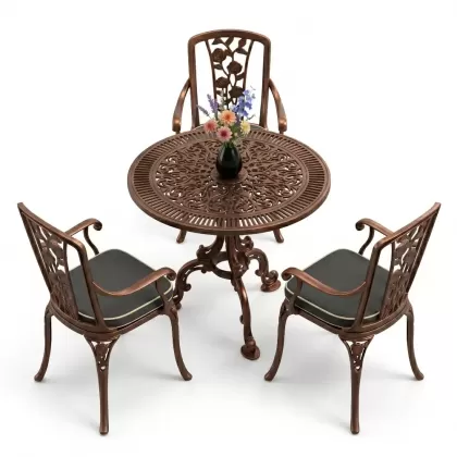 3 kişilik alüminyum döküm yuvarlak masa ve ferforje sandalye seti Bakır eskitme