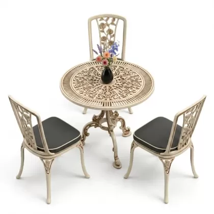 3 kişilik alüminyum döküm yuvarlak masa ve ferforje sandalye seti Beyaz eskitme