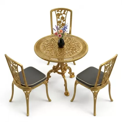 3 kişilik alüminyum döküm yuvarlak masa ve ferforje sandalye seti Gold Altın rengi