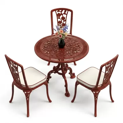 3 kişilik alüminyum döküm yuvarlak masa ve ferforje sandalye seti Kırmızı Kiremit rengi