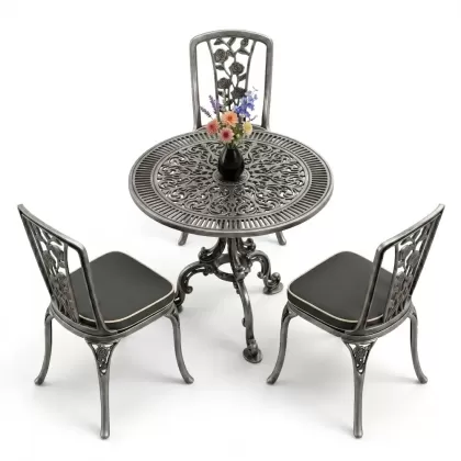 3 kişilik alüminyum döküm yuvarlak masa ve ferforje sandalye seti Silver Gümüş rengi