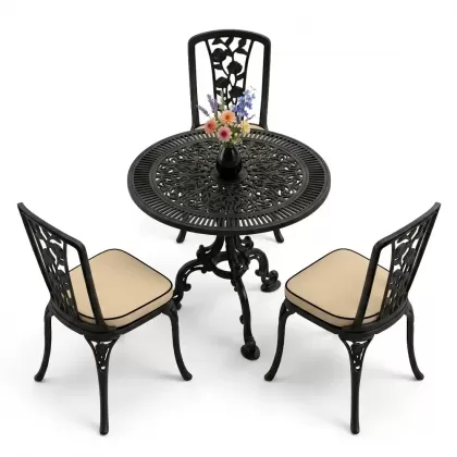 3 kişilik alüminyum döküm yuvarlak masa ve ferforje sandalye seti Siyah renk