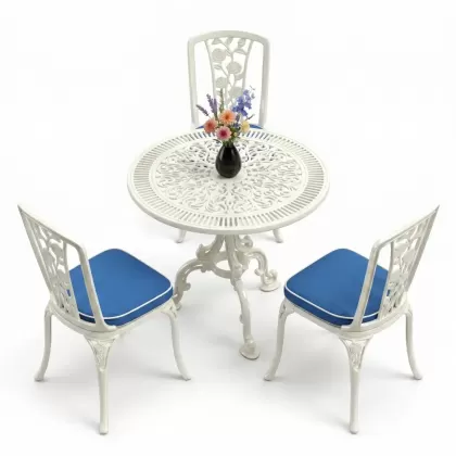 3 kişilik alüminyum döküm yuvarlak masa ve ferforje sandalye seti Beyaz renk