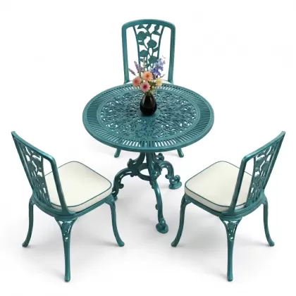 3 kişilik alüminyum döküm yuvarlak masa ve ferforje sandalye seti Turkuaz renk