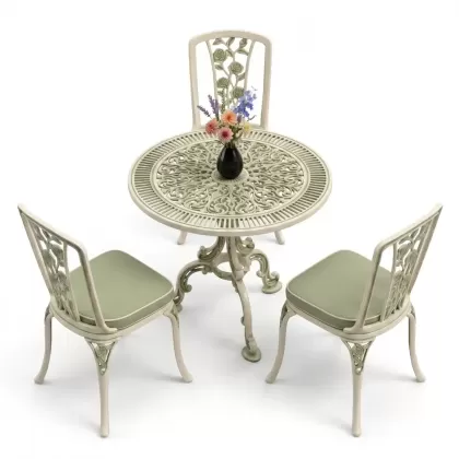 3 kişilik alüminyum döküm yuvarlak masa ve ferforje sandalye seti Yeşil patina renk