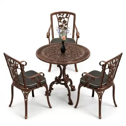 3 kişilik alüminyum döküm yuvarlak masa ve ferforje sandalye seti Bakır eskitme