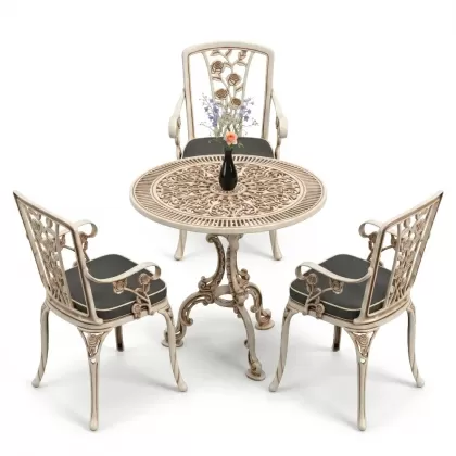 3 kişilik alüminyum döküm yuvarlak masa ve ferforje sandalye seti Beyaz eskitme