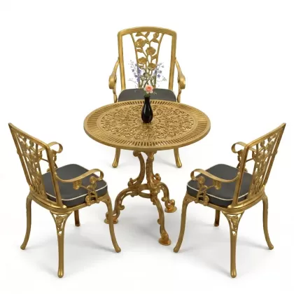 3 kişilik alüminyum döküm yuvarlak masa ve ferforje sandalye seti Gold Altın rengi