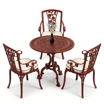 3 kişilik alüminyum döküm yuvarlak masa ve ferforje sandalye seti Kırmızı Kiremit rengi