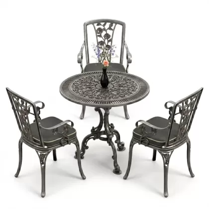 3 kişilik alüminyum döküm yuvarlak masa ve ferforje sandalye seti Silver Gümüş rengi