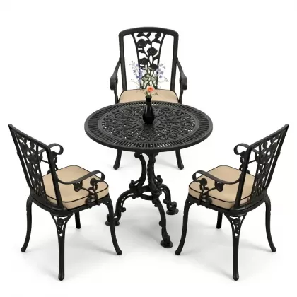 3 kişilik alüminyum döküm yuvarlak masa ve ferforje sandalye seti Siyah renk