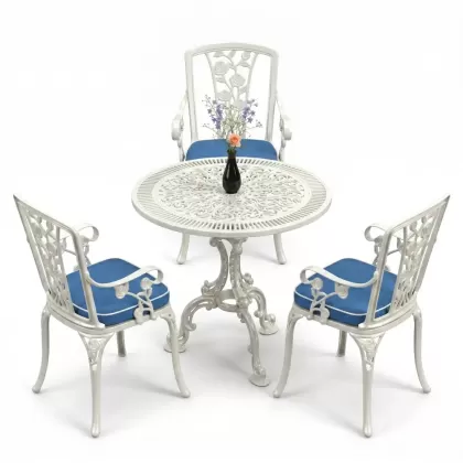 3 kişilik alüminyum döküm yuvarlak masa ve ferforje sandalye seti Beyaz renk