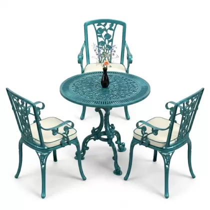 3 kişilik alüminyum döküm yuvarlak masa ve ferforje sandalye seti Turkuaz renk