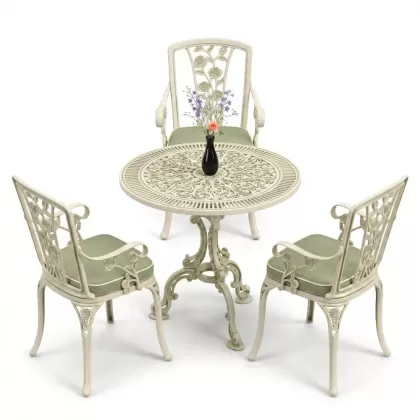 3 kişilik alüminyum döküm yuvarlak masa ve ferforje sandalye seti Yeşil patina renk