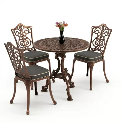 3 kişilik alüminyum döküm yuvarlak masa ve ferforje sandalye seti Bakır eskitme