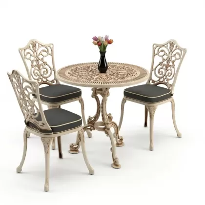3 kişilik alüminyum döküm yuvarlak masa ve ferforje sandalye seti Beyaz eskitme