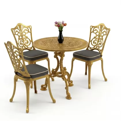 3 kişilik alüminyum döküm yuvarlak masa ve ferforje sandalye seti Gold Altın rengi